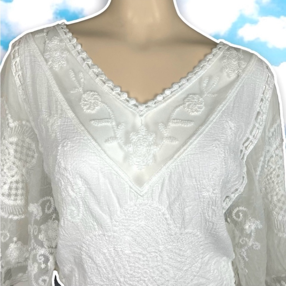 ANTHRO SAPPHIRE Semi-Sheer Embroidered Lace Boho Top Cottagecore Coquette Hippie - Picture 5 of 15